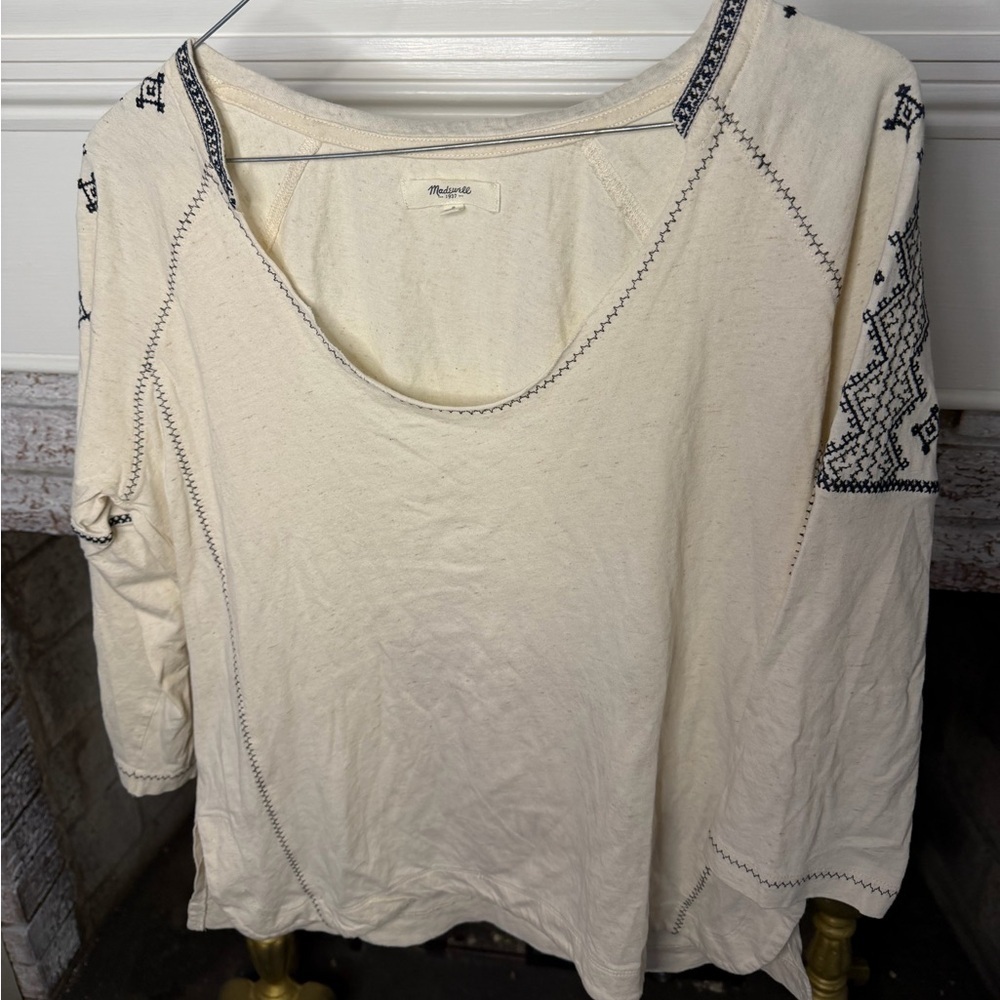 Madewell Embroidered Boho Peasant Top Cream Long Sleeve Size Small